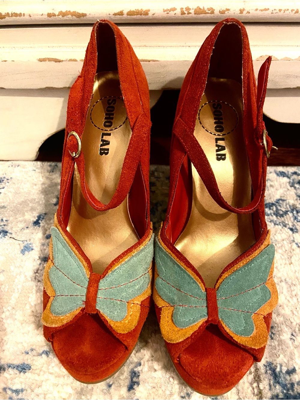 Vintage Inspired Suede Butterfly Strap Heels